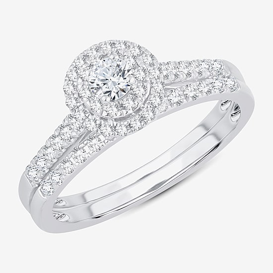 Round 1/2 CT.T.W. Natural Diamond Side Stone Halo Bridal Set in 10K or 14K Gold