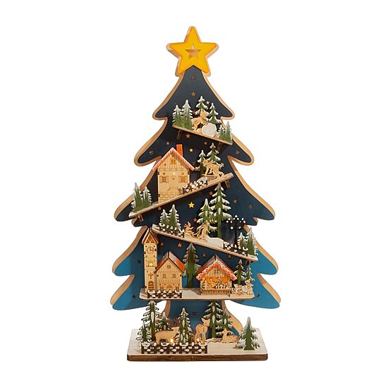 Kurt Adler Wooden Tree With Village Scene Lighted Christmas Tabletop Decor