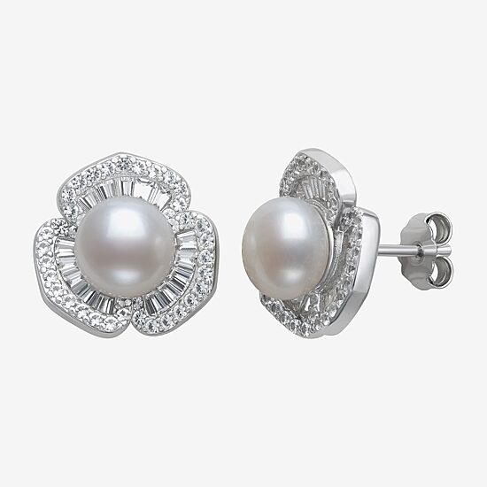 Womens White Cultured Freshwater Pearl Sterling Silver Flower Drop Earrings