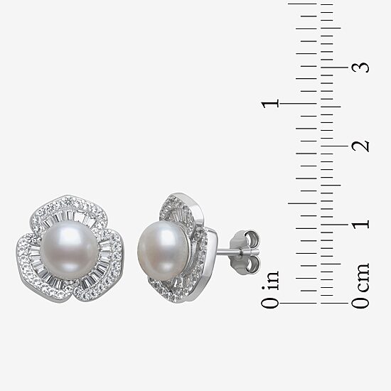 Womens White Cultured Freshwater Pearl Sterling Silver Flower Drop Earrings
