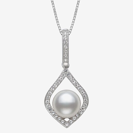 Womens White Cultured Freshwater Pearl Sterling Silver Diamond Pear 18 Inch Pendant Necklace