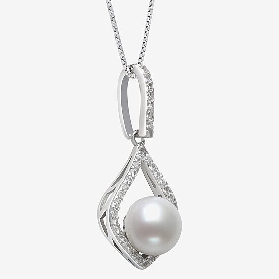Womens White Cultured Freshwater Pearl Sterling Silver Diamond Pear 18 Inch Pendant Necklace