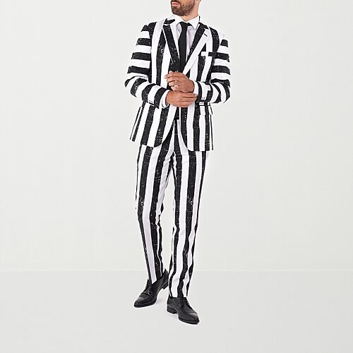 OppoSuits Men's Beetlejuice Premium Costume - 80s Halloween Outfit - Slim Fit - Black White - Includes Blazer, Pants and Tie - Black