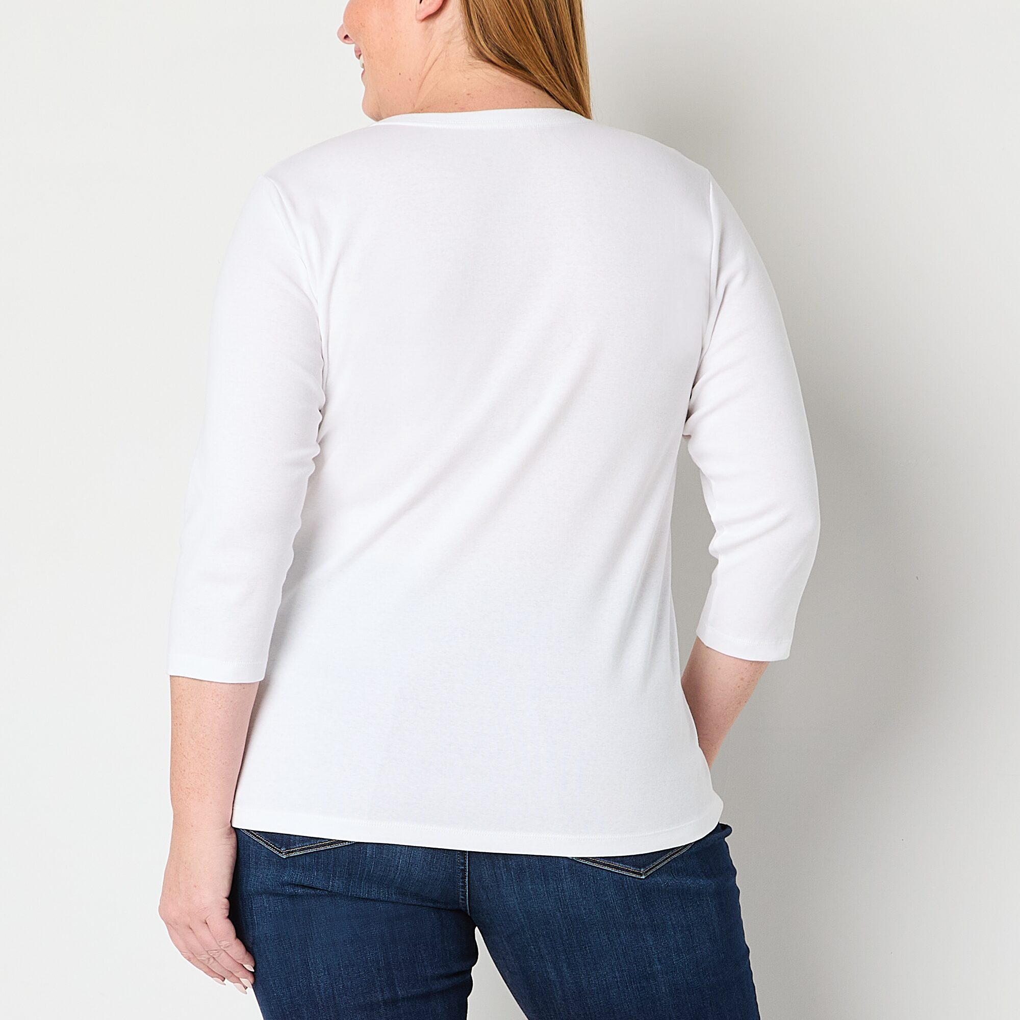St. John's Bay Womens Plus V Neck 3/4 Sleeve T-Shirt