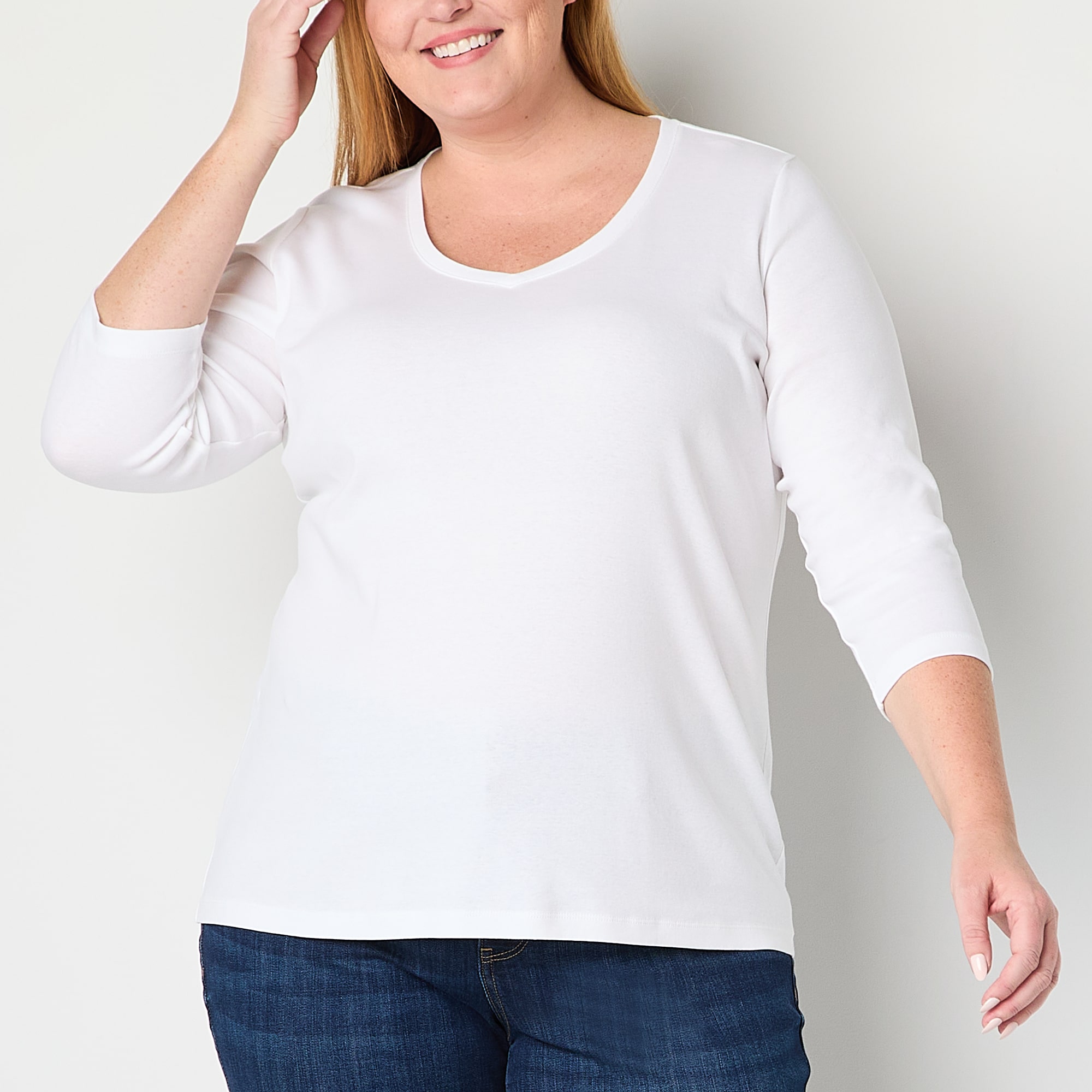 St. John's Bay Womens Plus V Neck 3/4 Sleeve T-Shirt