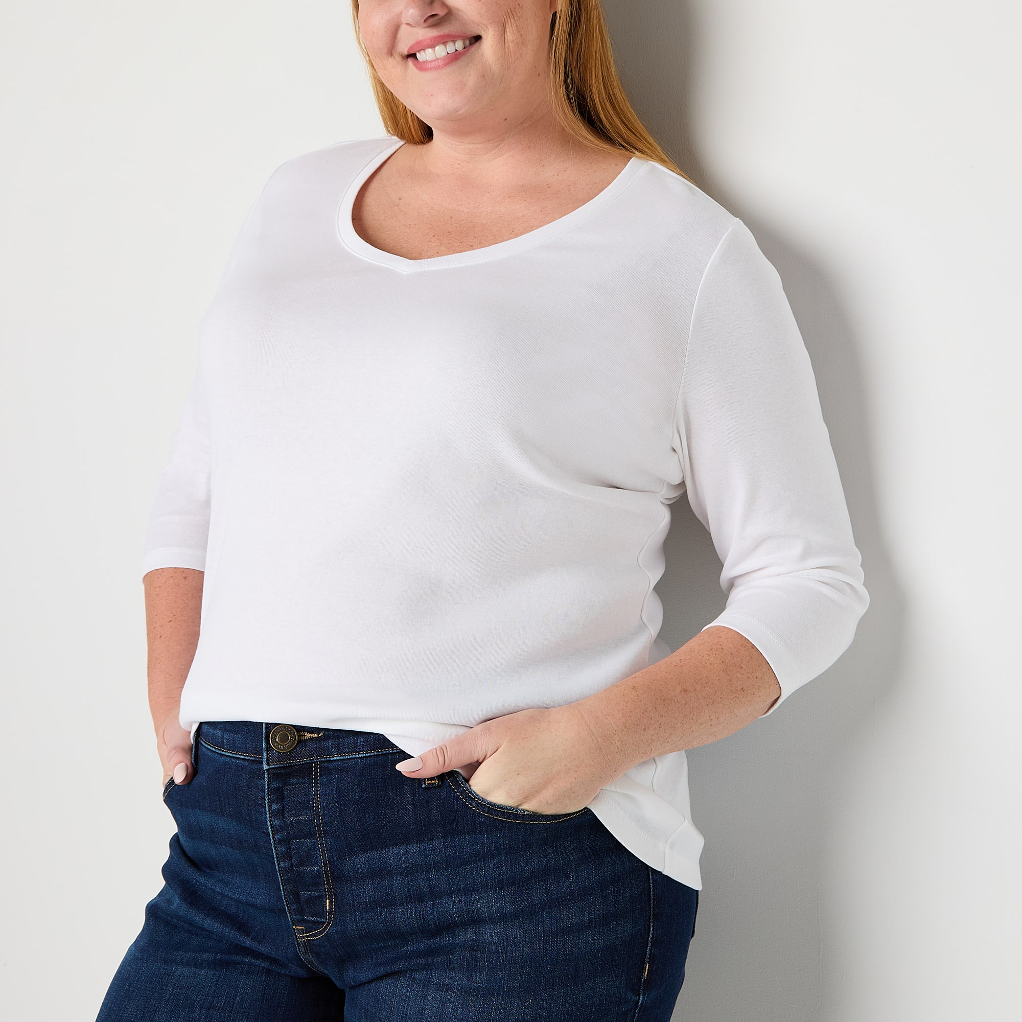 St. John's Bay Womens Plus V Neck 3/4 Sleeve T-Shirt