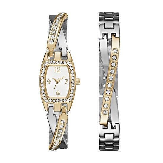 Geneva Womens Two-Tone Bangle Watch Boxed Set