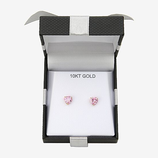 Pink Cubic Zirconia 10K Gold 6mm Heart Stud Earrings