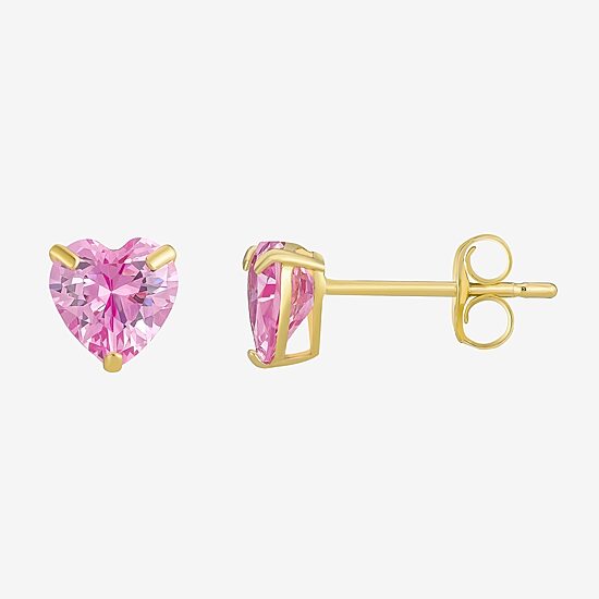 Pink Cubic Zirconia 10K Gold 6mm Heart Stud Earrings