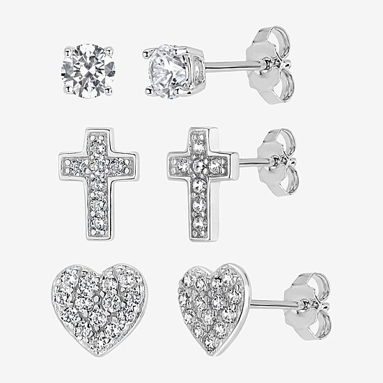 Womens Cubic Zirconia Sterling Silver Heart 3 Pair Earring Set