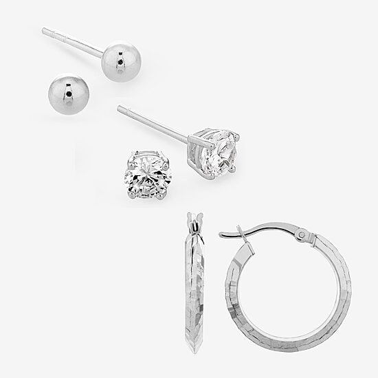 Womens Cubic Zirconia Sterling Silver Ball 3 Pair Earring Set