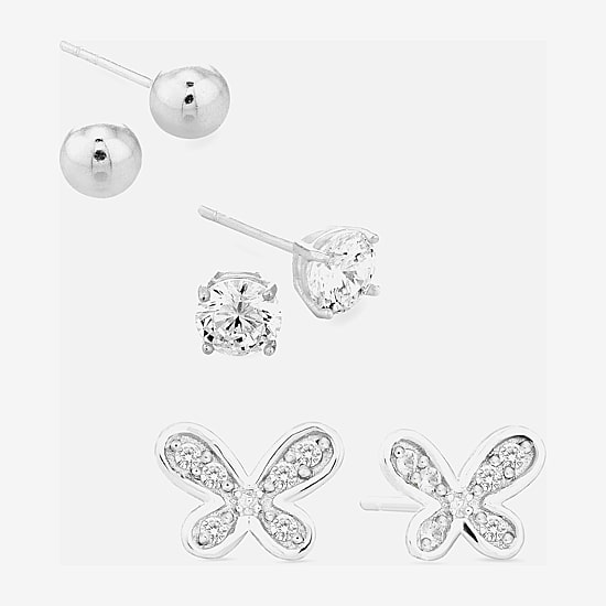 Womens Cubic Zirconia Sterling Silver Ball 3 Pair Earring Set