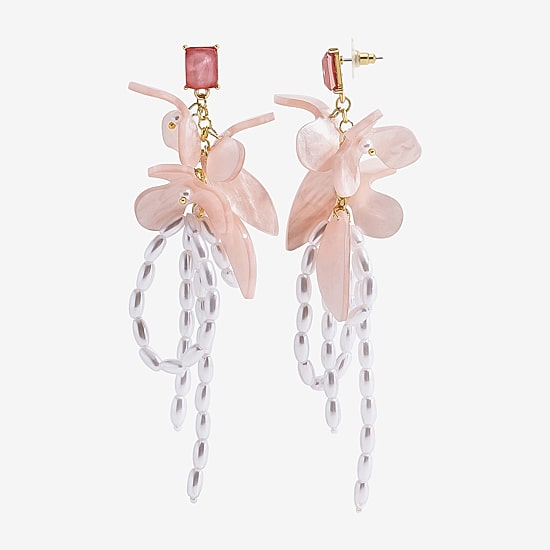 Bijoux Bar Gold Tone Womens White Simulated Pearl Flower Drop Earrings