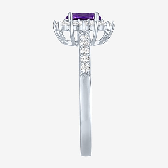 Yes, Please! Womens Lab Created Purple Amethyst Sterling Silver Oval Halo Side Stone Cocktail Ring