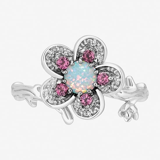 Enchanted Disney Fine Jewelry Mulan(I, I2) Womens 1/10 CT. T.W. Lab Created White Opal Sterling Silver Round Mulan Cocktail Ring