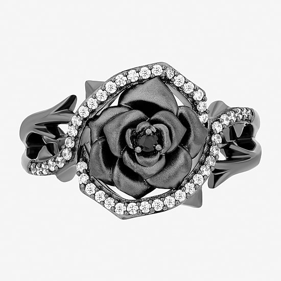 Maleficent (I, I2) Womens 1/5 CT. Genuine Black Spinel Sterling Silver Round Maleficent Crossover Cocktail Ring