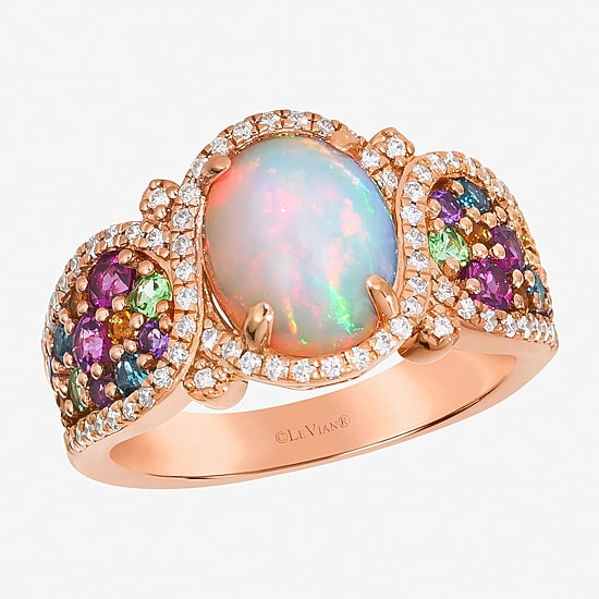 Le Vian Genuine Opal, Rhodialite, Amethyst, Tanzinite & 1/4 ct. t.w. Natural Diamond Rainbow Side Cocktail Ring in 14K Rose Gold
