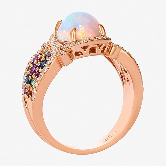 Le Vian Genuine Opal, Rhodialite, Amethyst, Tanzinite & 1/4 ct. t.w. Natural Diamond Rainbow Side Cocktail Ring in 14K Rose Gold