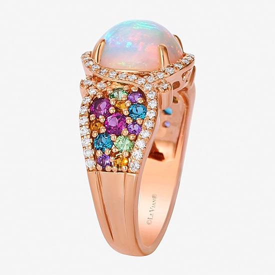Le Vian Genuine Opal, Rhodialite, Amethyst, Tanzinite & 1/4 ct. t.w. Natural Diamond Rainbow Side Cocktail Ring in 14K Rose Gold