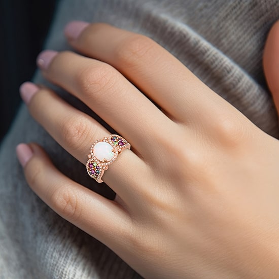Le Vian Genuine Opal, Rhodialite, Amethyst, Tanzinite & 1/4 ct. t.w. Natural Diamond Rainbow Side Cocktail Ring in 14K Rose Gold