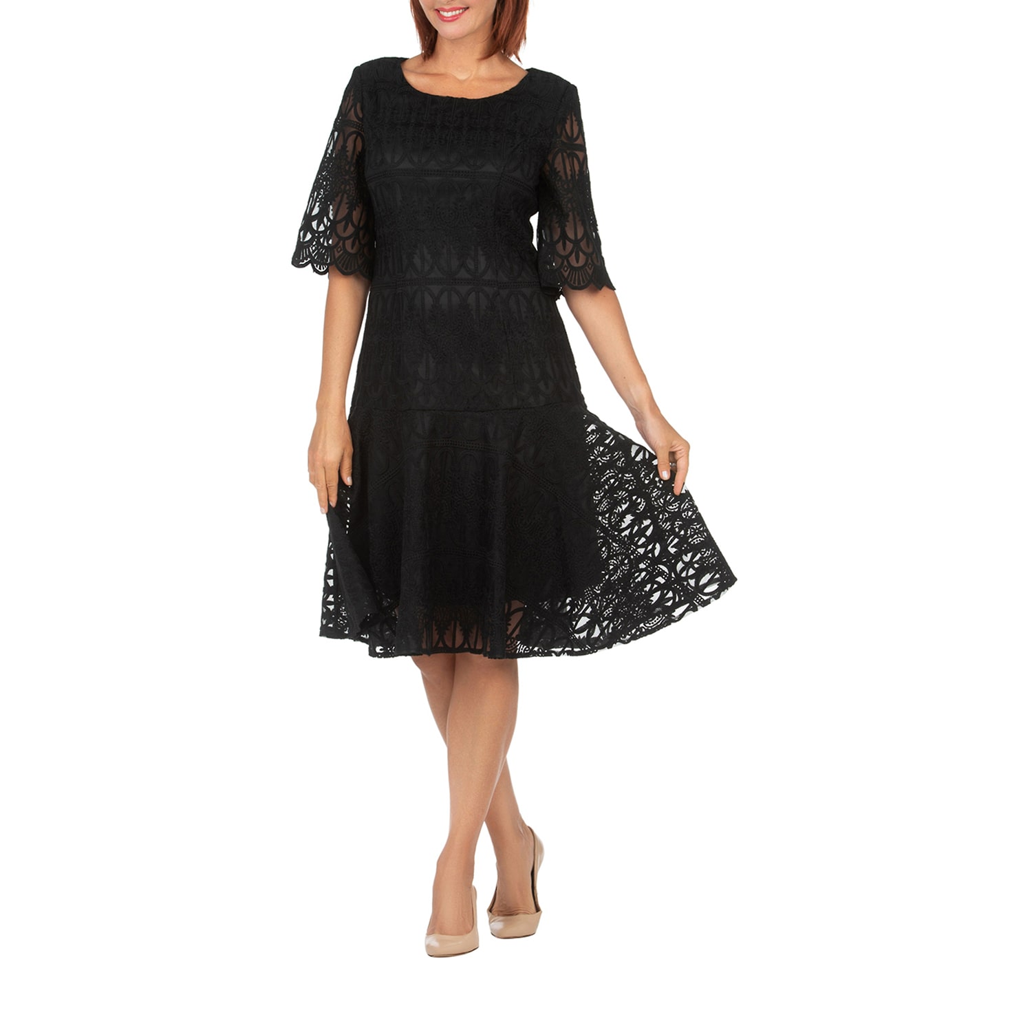 Giovanna Signature Womens Plus Midi Round Neck Short Sleeve Lace Fit + Flare Dress