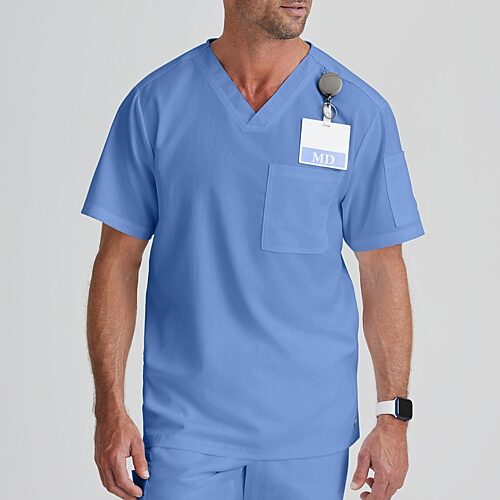 Grey's Anatomy by Barco Classic Grt091 Evan 2-Pocket Mens V Neck Short Sleeve Moisture Wicking Scrub Top, 5x-large, Blue