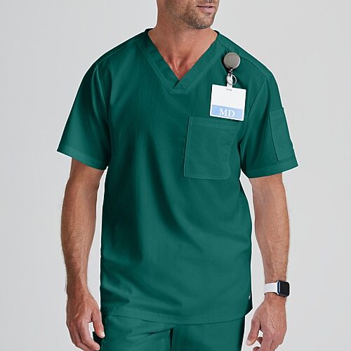 Grey's Anatomy by Barco Classic Grt091 Evan 2-Pocket Mens V Neck Short Sleeve Moisture Wicking Scrub Top, X-large, Green
