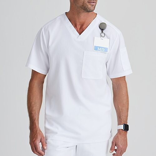 Grey's Anatomy by Barco Classic Grt091 Evan 2-Pocket Mens V Neck Short Sleeve Moisture Wicking Scrub Top, X-large, White