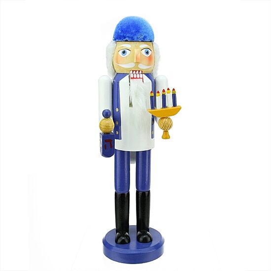 14'' Blue and White Wooden Hanukkah Nutcracker with Menorah and Dreidel