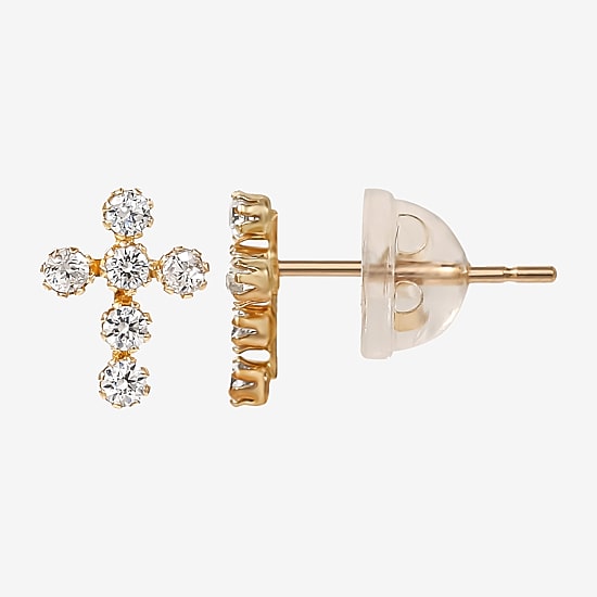 Cubic Zirconia 14K Gold 7.3mm Cross Stud Earrings