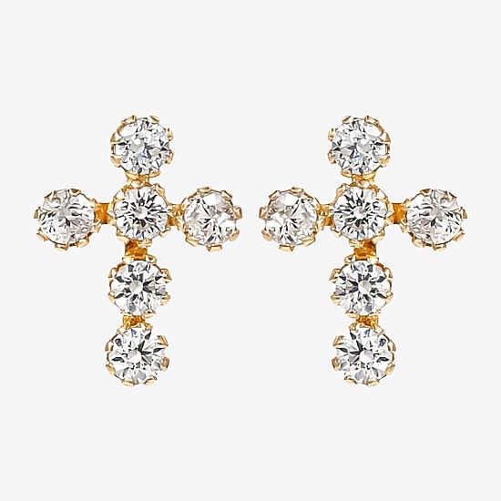Cubic Zirconia 14K Gold 7.3mm Cross Stud Earrings
