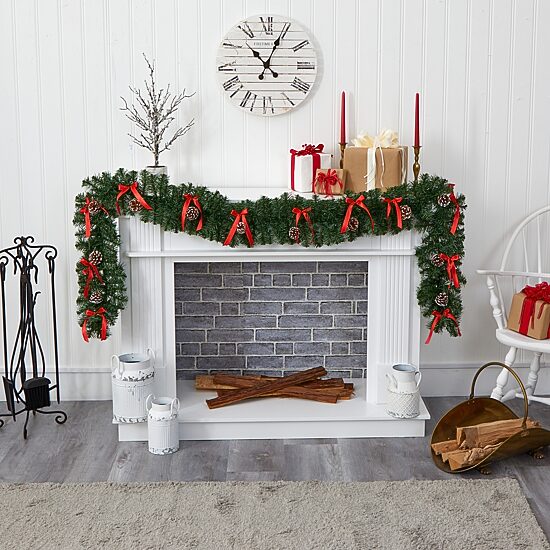 Nearly Natural 9ft. Bow And Pinecone Artificial Garland With 35 Clear Led Lights Pre-Lit Wreath