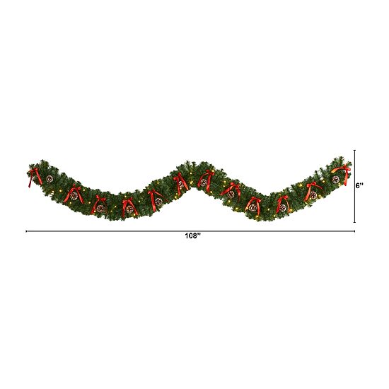 Nearly Natural 9ft. Bow And Pinecone Artificial Garland With 35 Clear Led Lights Pre-Lit Wreath
