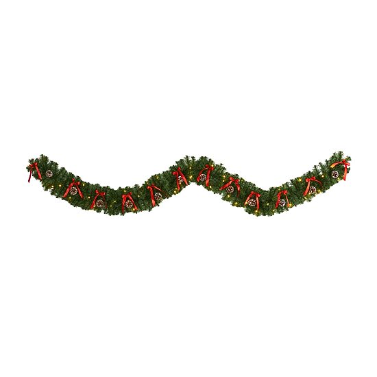 Nearly Natural 9ft. Bow And Pinecone Artificial Garland With 35 Clear Led Lights Pre-Lit Wreath