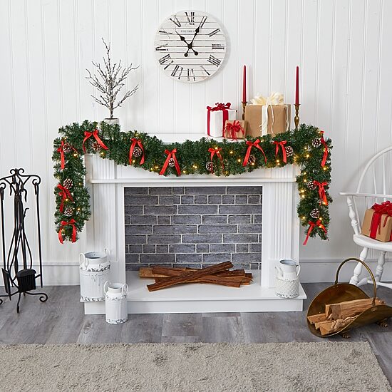 Nearly Natural 9ft. Bow And Pinecone Artificial Garland With 35 Clear Led Lights Pre-Lit Wreath