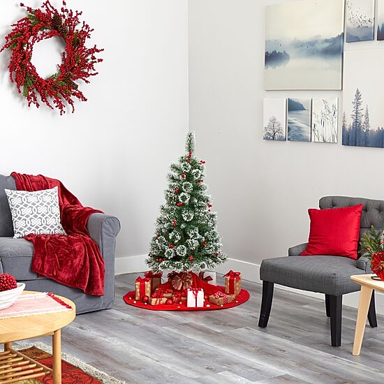 Nearly Natural 4 Foot Frosted Swiss Flocked Pine With  Berries And 100 Clear Led Lights Pre-Lit Artificial Christmas Tree