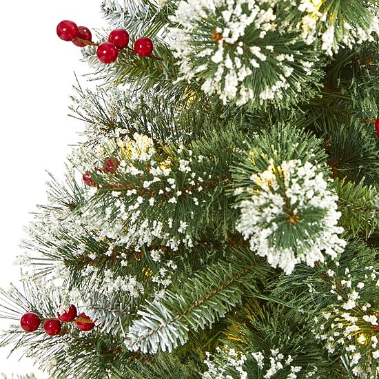 Nearly Natural 4 Foot Frosted Swiss Flocked Pine With  Berries And 100 Clear Led Lights Pre-Lit Artificial Christmas Tree