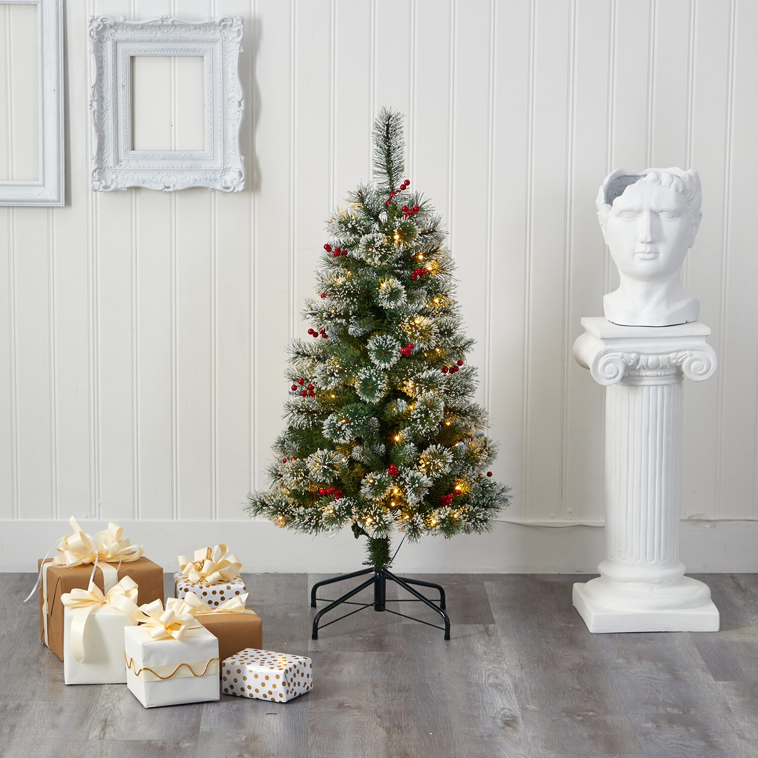 Nearly Natural 4 Foot Frosted Swiss Flocked Pine With  Berries And 100 Clear Led Lights Pre-Lit Artificial Christmas Tree