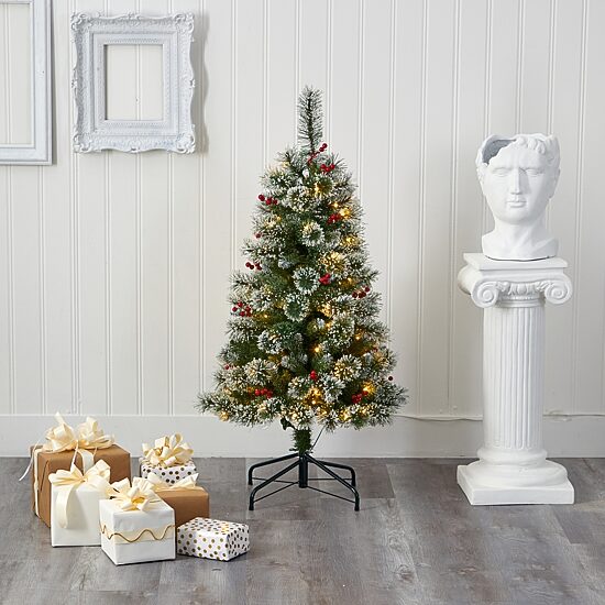 Nearly Natural 4 Foot Frosted Swiss Flocked Pine With  Berries And 100 Clear Led Lights Pre-Lit Artificial Christmas Tree