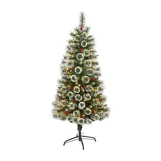 Nearly Natural 5 Foot Flocked Frosted Swiss Pine With Berries And 200 Clear Led Lights Pre-Lit Artificial Christmas Tree