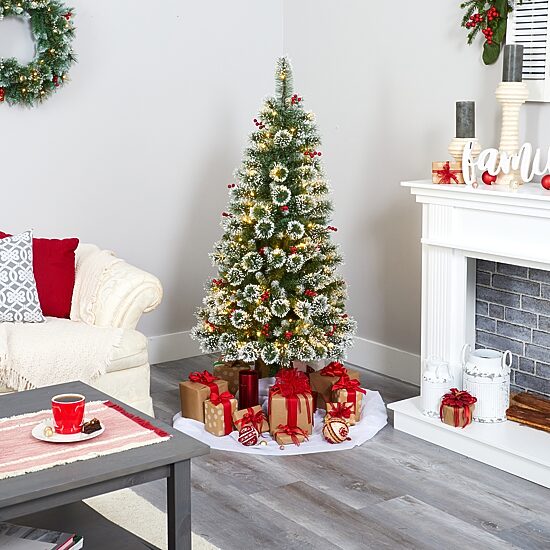 Nearly Natural 5 Foot Flocked Frosted Swiss Pine With Berries And 200 Clear Led Lights Pre-Lit Artificial Christmas Tree