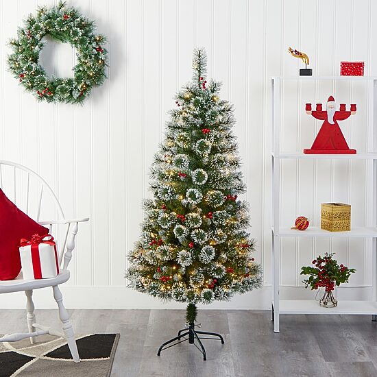 Nearly Natural 5 Foot Flocked Frosted Swiss Pine With Berries And 200 Clear Led Lights Pre-Lit Artificial Christmas Tree