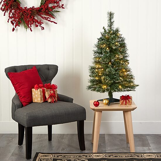 Nearly Natural 3 Foot Flocked Pine Pre-Lit Christmas Tree