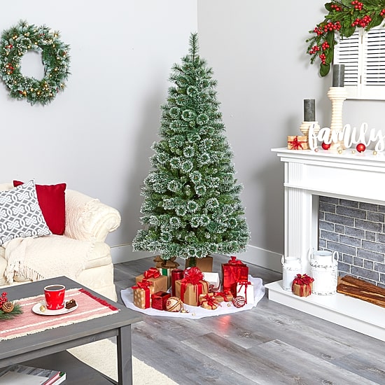 Nearly Natural 6 Foot Flocked Pine Pre-Lit Christmas Tree