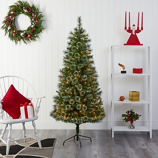 Nearly Natural 6 Foot Flocked Pine Pre-Lit Christmas Tree