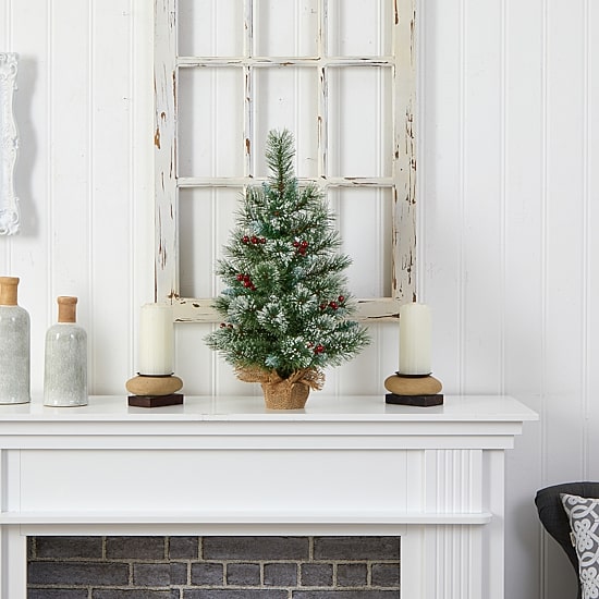 Nearly Natural 2 Foot Flocked Pine Pre-Lit Christmas Tree