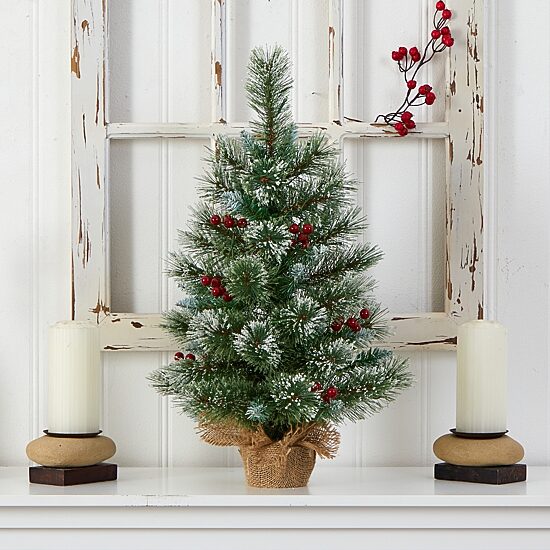 Nearly Natural 2 Foot Flocked Pine Pre-Lit Christmas Tree