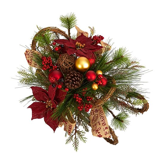 Nearly Natural Poinsettia Sleigh Tabletop Decor