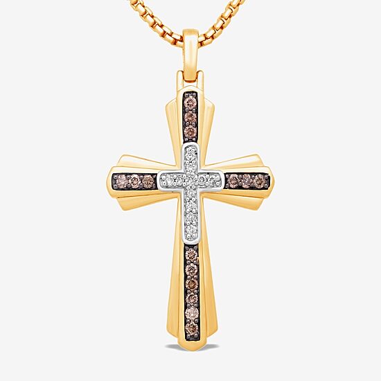 Mens 1/2 CT. T.W. Natural Champagne Diamond 14K Gold Over Silver Sterling Silver Cross 22 Inch Pendant Necklace