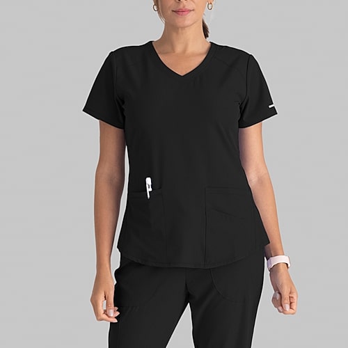Skechers Sk101 Breeze 3-Pocket Curved Womens V Neck Short Sleeve Tag Free Stretch Fabric Moisture Wicking Scrub Top, Large, Black